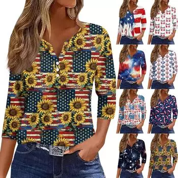 Женские топы с рукавами 3/4, винтажный модный повседневный свободный с V-образным вырезом, рубашки больших размеров на День независимости XXL