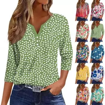 Женские топы с рукавами 3/4, винтажный модный повседневный свободный топ с V-образным вырезом, рубашки больших размеров L бежевый