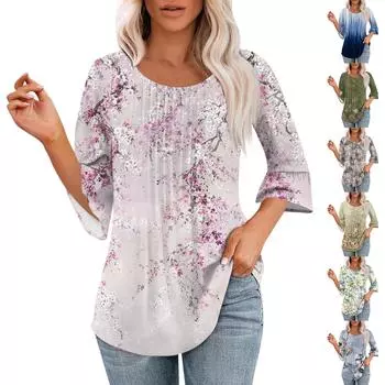 Женские топы с рукавами-колокольчиками 3/4, летние плиссированные рубашки с круглым вырезом, модные нарядные повседневные блузки-туники свободного покроя XXXL золотой