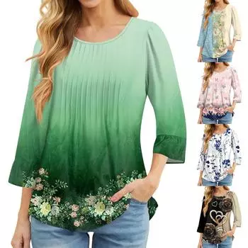 Женские топы с рукавами-колокольчиками 3/4, летние плиссированные рубашки с круглым вырезом, модные нарядные повседневные блузки-туники свободного покроя L чёрный