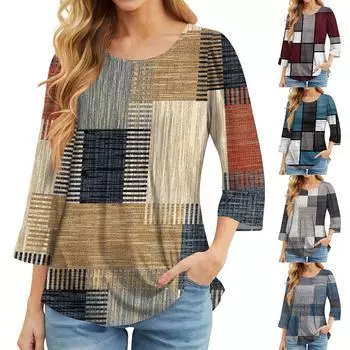 Женские топы с рукавами-колокольчиками 3/4, летние плиссированные рубашки с круглым вырезом, модные нарядные повседневные блузки-туники свободного покроя L синий