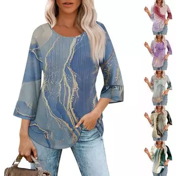 Женские топы с рукавами-колокольчиками 3/4, летние плиссированные рубашки с круглым вырезом, модные нарядные повседневные блузки-туники свободного покроя XXXL фиолетовый