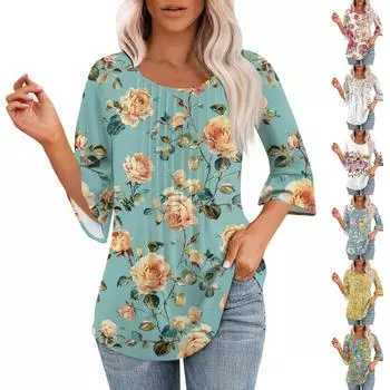 Женские топы с рукавами-колокольчиками 3/4, летние плиссированные рубашки с круглым вырезом, модные нарядные повседневные блузки-туники свободного покроя M бирюзовый