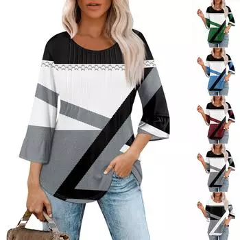 Женские топы с рукавами-колокольчиками 3/4, летние плиссированные рубашки с круглым вырезом, модные нарядные повседневные блузки-туники свободного покроя XXXL синий