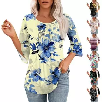 Женские топы с рукавами-колокольчиками 3/4, летние плиссированные рубашки с круглым вырезом, модные нарядные повседневные блузки-туники свободного покроя XL