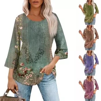 Женские топы с рукавами-колокольчиками 3/4, летние плиссированные рубашки с круглым вырезом, модные нарядные повседневные блузки-туники свободного покроя L