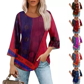 Женские топы с рукавами-колокольчиками 3/4, летние плиссированные рубашки с круглым вырезом, модные нарядные повседневные блузки-туники свободного покроя XL