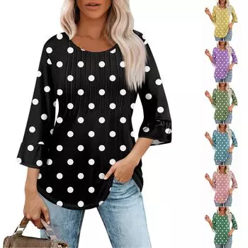 Женские топы с рукавами-колокольчиками 3/4, летние плиссированные рубашки с круглым вырезом, модные нарядные повседневные блузки-туники свободного покроя M синий