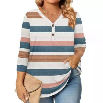 Женские топы с рукавом 3/4, больших размеров, рубашки и блузки на пуговицах с V-образным вырезом, повседневные, с принтом, свободного кроя XXXL синий