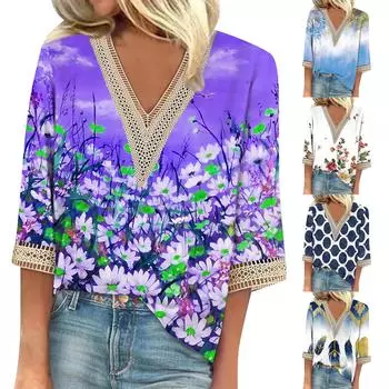 Женские топы с рукавом 3/4, летние тонкие милые топы с этническим цветочным принтом, футболки с короткими рукавами, рубашки, весенняя блузка XXXL