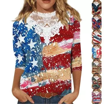 Женские топы с рукавом 3/4, повседневные свободные кружевные футболки с v-образным вырезом, милые топы-туники длиной три четверти с милым принтом L синий