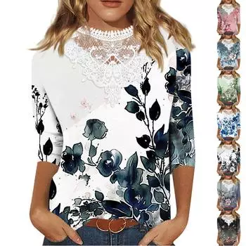 Женские топы с рукавом 3/4, повседневные свободные кружевные футболки с v-образным вырезом, милые топы-туники длиной три четверти с цветочным принтом в стиле ретро L синий