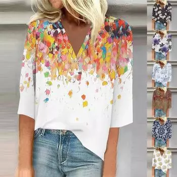 Женские топы с рукавом 3/4 с цветочным принтом, винтажные модные повседневные свободные рубашки с v-образным вырезом, рубашки больших размеров XL