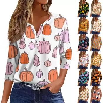 Женские топы с рукавом 3/4 с цветочным принтом на Хэллоуин, винтажные модные повседневные свободные рубашки с v-образным вырезом, рубашки больших размеров L
