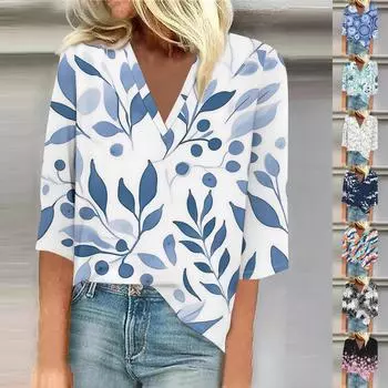 Женские топы с рукавом 3/4 с цветочным принтом, винтажные модные повседневные свободные рубашки с v-образным вырезом, рубашки больших размеров XL синий