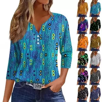 Женские топы с рукавом 3/4 с цветочным принтом на Хэллоуин, винтажные модные повседневные свободные рубашки с v-образным вырезом, рубашки больших размеров XL