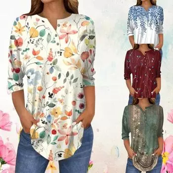 Женские топы с рукавом 3/4, весна-лето, повседневные, большого размера, с ретро-цветочным принтом, 3D, рубашка, модная свободная женская одежда, блузка S темно-синий