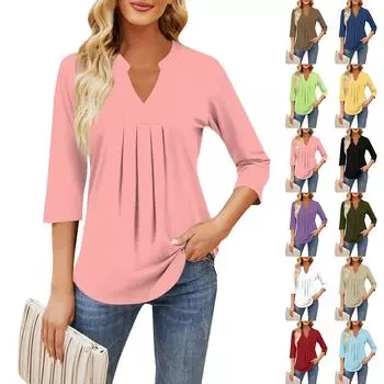Женские топы с рукавом семь четвертей, повседневные однотонные свободные футболки с v-образным вырезом и оборками на груди L чёрный