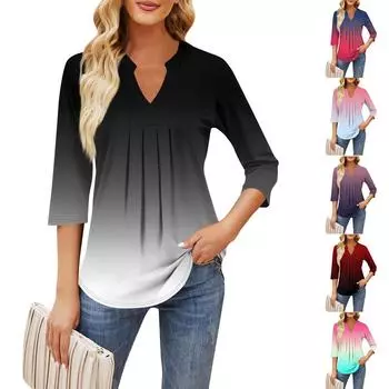 Женские топы с рукавом семь четвертей, повседневные однотонные свободные футболки с v-образным вырезом и оборками на груди L чёрный