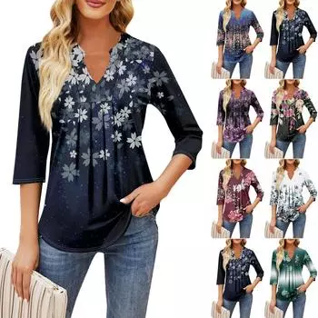 Женские топы с рукавом семь четвертей, повседневные свободные футболки с v-образным вырезом и оборками на груди с принтом S