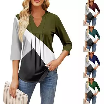 Женские топы с рукавом семь четвертей, повседневные свободные футболки с v-образным вырезом и оборками на груди с принтом L