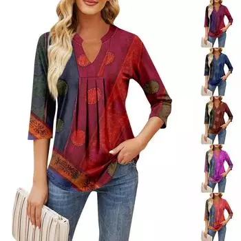 Женские топы с рукавом семь четвертей, повседневные свободные футболки с v-образным вырезом и оборками на груди с принтом L синий