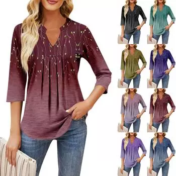 Женские топы с рукавом семь четвертей, повседневные свободные футболки с v-образным вырезом и оборками на груди с принтом L чёрный