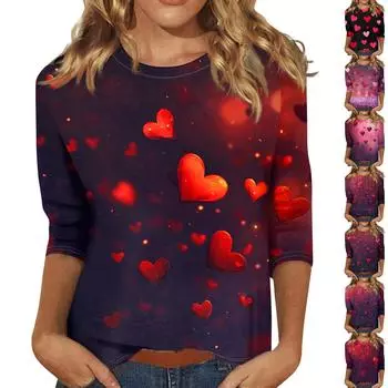 Женские топы с рукавом три четверти и круглым вырезом, свободная футболка с принтом ко Дню святого Валентина L