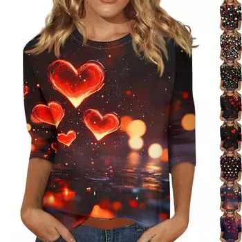 Женские топы с рукавом три четверти и круглым вырезом, свободная футболка с принтом ко Дню святого Валентина L темно-фиолетового