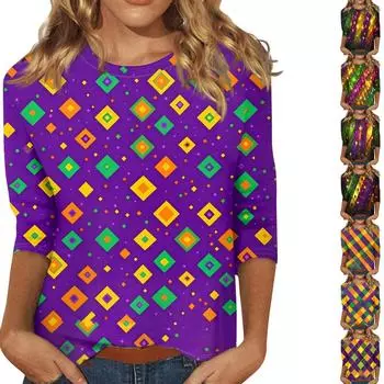 Женские топы с рукавом три четверти и круглым вырезом, свободная футболка с принтом «Карнавал» L темно-фиолетового