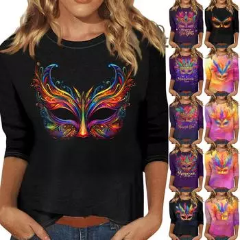 Женские топы с рукавом три четверти и круглым вырезом, свободная футболка с принтом «Карнавал» L синий