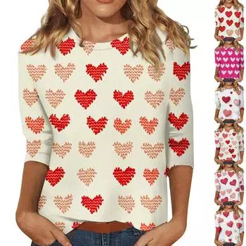 Женские топы с рукавом три четверти и круглым вырезом, свободная футболка с принтом ко Дню святого Валентина XXXXL винный