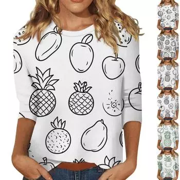 Женские топы с рукавом три четверти и круглым вырезом, свободная футболка с принтом фруктов L горячий розовый