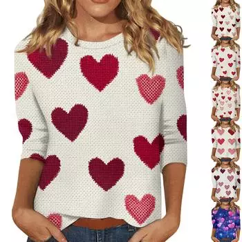 Женские топы с рукавом три четверти и круглым вырезом, свободная футболка с принтом ко Дню святого Валентина XXL красный