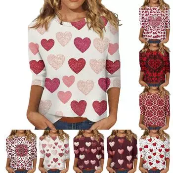 Женские топы с рукавом три четверти, рубашка на День святого Валентина, круглая горловина, свободная повседневная рубашка XXXL