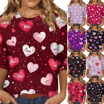 Женские топы с рукавом три четверти, рубашка на День святого Валентина, круглая горловина, свободная повседневная рубашка L чёрный