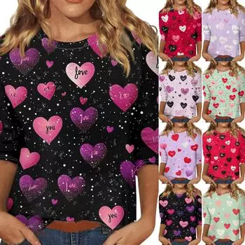 Женские топы с рукавом три четверти, рубашка на День святого Валентина, круглая горловина, свободная повседневная рубашка L чёрный