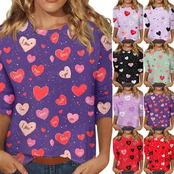 Женские топы с рукавом три четверти, рубашка на День святого Валентина, круглая горловина, свободная повседневная рубашка L чёрный