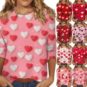 Женские топы с рукавом три четверти, рубашка на День святого Валентина, круглая горловина, свободная повседневная рубашка L