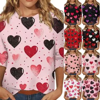 Женские топы с рукавом три четверти, рубашка на День святого Валентина, круглая горловина, свободная повседневная рубашка L чёрный