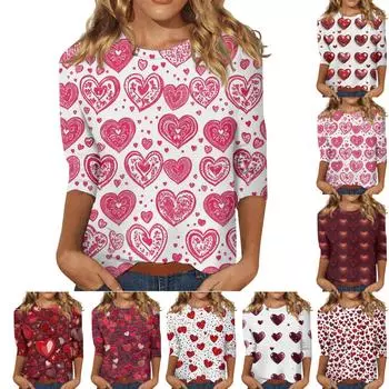 Женские топы с рукавом три четверти, рубашка на День святого Валентина, круглая горловина, свободная повседневная рубашка XXL