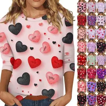 Женские топы с рукавом три четверти, рубашка на День святого Валентина, круглая горловина, свободная повседневная рубашка M чёрный