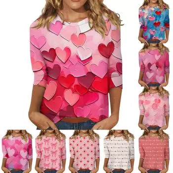 Женские топы с рукавом три четверти, рубашка на День святого Валентина, круглая горловина, свободная повседневная рубашка L чёрный