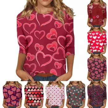 Женские топы с рукавом три четверти, рубашка на День святого Валентина, круглая горловина, свободная повседневная рубашка L чёрный