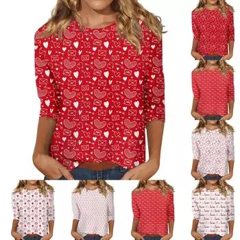 Женские топы с рукавом три четверти, рубашка на День святого Валентина, круглая горловина, свободная повседневная рубашка L чёрный