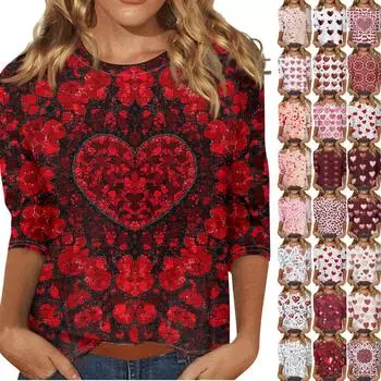 Женские топы с рукавом три четверти, рубашка на День святого Валентина, круглая горловина, свободная повседневная рубашка L розовый