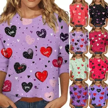 Женские топы с рукавом три четверти, рубашка на День святого Валентина, круглая горловина, свободная повседневная рубашка L чёрный