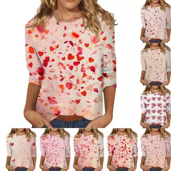 Женские топы с рукавом три четверти, рубашка на День святого Валентина, круглая горловина, свободная повседневная рубашка S