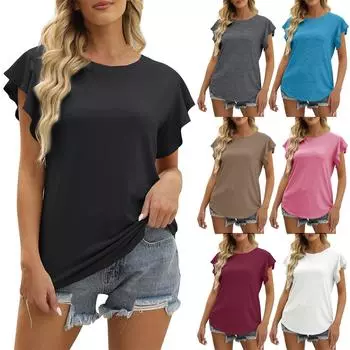 Женские топы с рюшами и рукавами, летняя повседневная блузка с круглым вырезом, однотонная милая рубашка-туника XXL синий