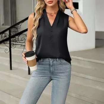 Женские топы с V-образным вырезом, без рукавов, свободный крой, однотонные, с пуговицами, декор, легкая, универсальная рубашка для поездок на работу S хаки